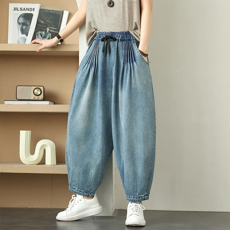 Pantaloni a lanterna a gamba larga in denim retrò Waed Donna Estate taglie forti Pantaloni con risvolto Harlan drappeggiati dimagranti allentati