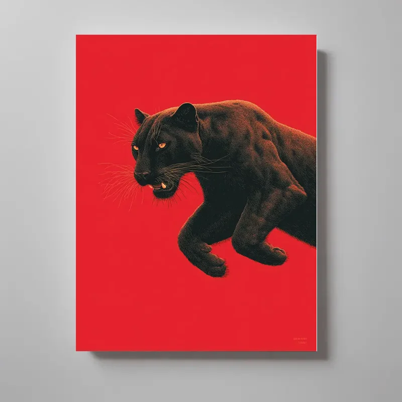 Black Panther on Red Background Canvas Print – Realistic Animal Art, Bold Contrast Design, Frameless for Home Office Decor