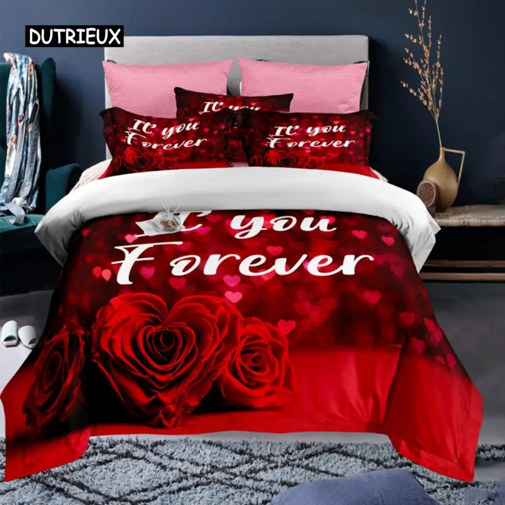 Léon's Day-Ensemble de housse de couette en polyester pour couple, housse de couette romantique heureuse, rose rouge, motif I Love You, King Size