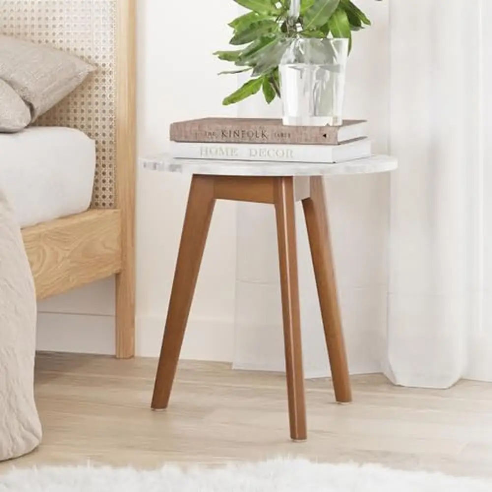 

Wood Frame Round End Table Durable Marble-Laminate Top Mid-Century Style Dark Brown 18x18x18