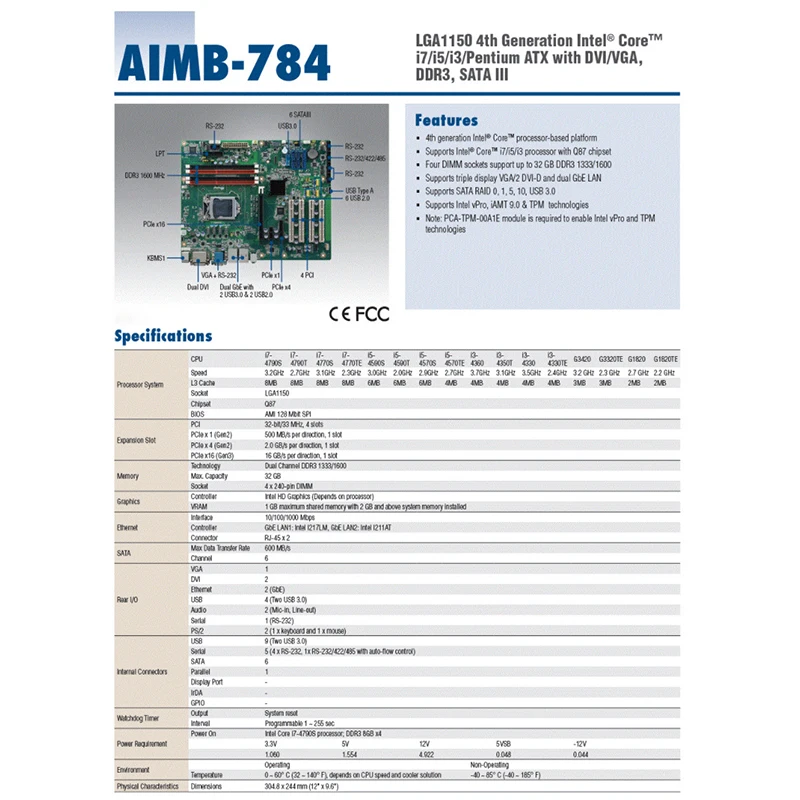 アドバンテージ向けマザーボードコア,産業用制御,AIMB-784G2世代,CPU,q87チップセット,AIMB-784G2-00A1E,をサポート