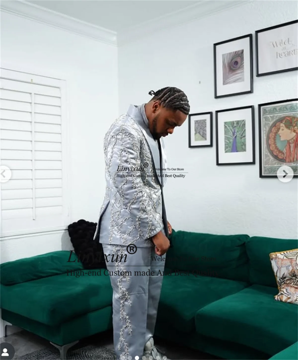 

Мужской костюм с блестящими металлическими элементами, расшитый бисером, приталенный, для жениха, на выпускной, смокинг, комплект из 2 предметов, мужской пиджак для вечеринки