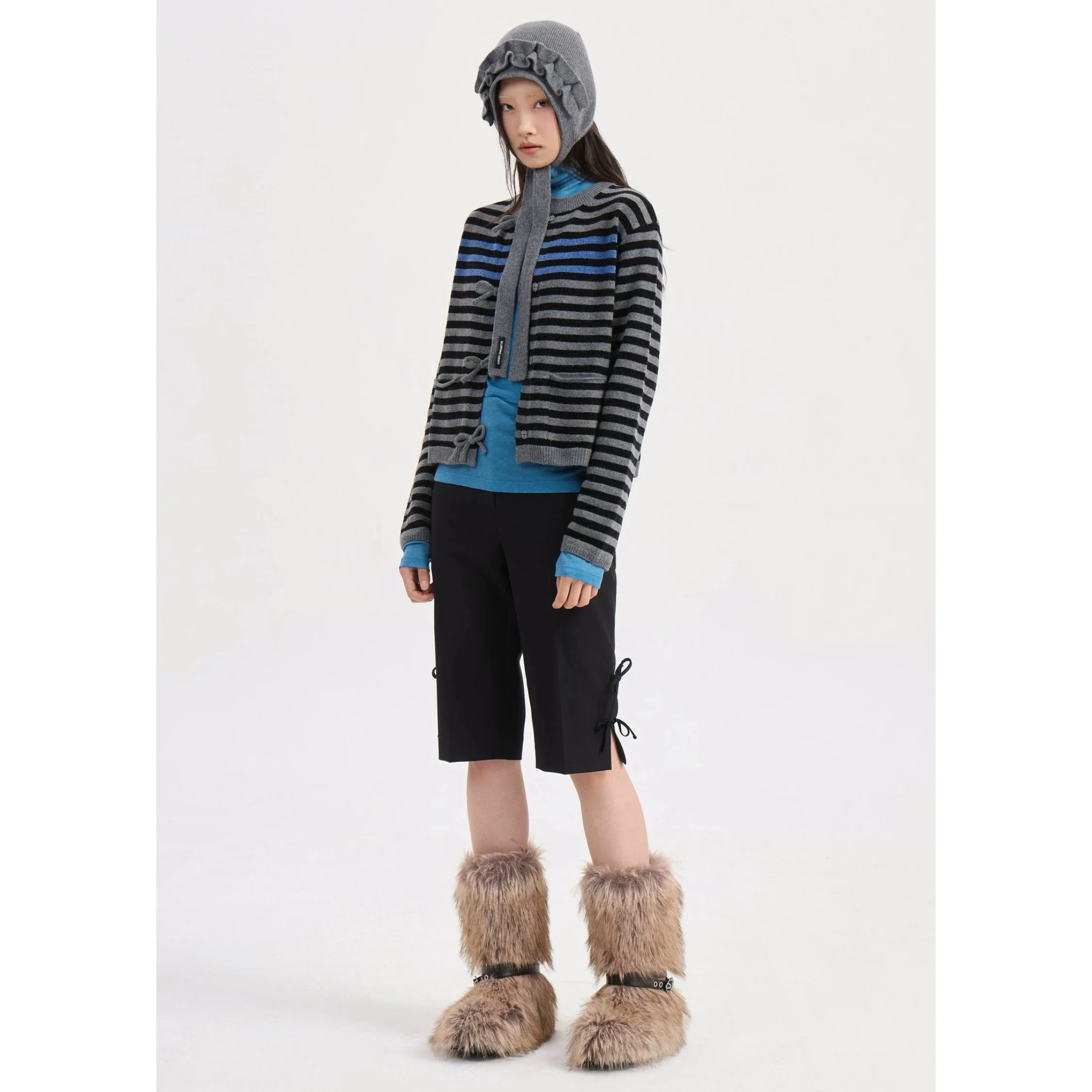 سترة ليمون تشيز LUC25 شتوية كلاسيكية مستديرة Ne مخططة بعقدة ملونة بلو محبوكة مفتوحة سترة نسائية للتنقل... #2