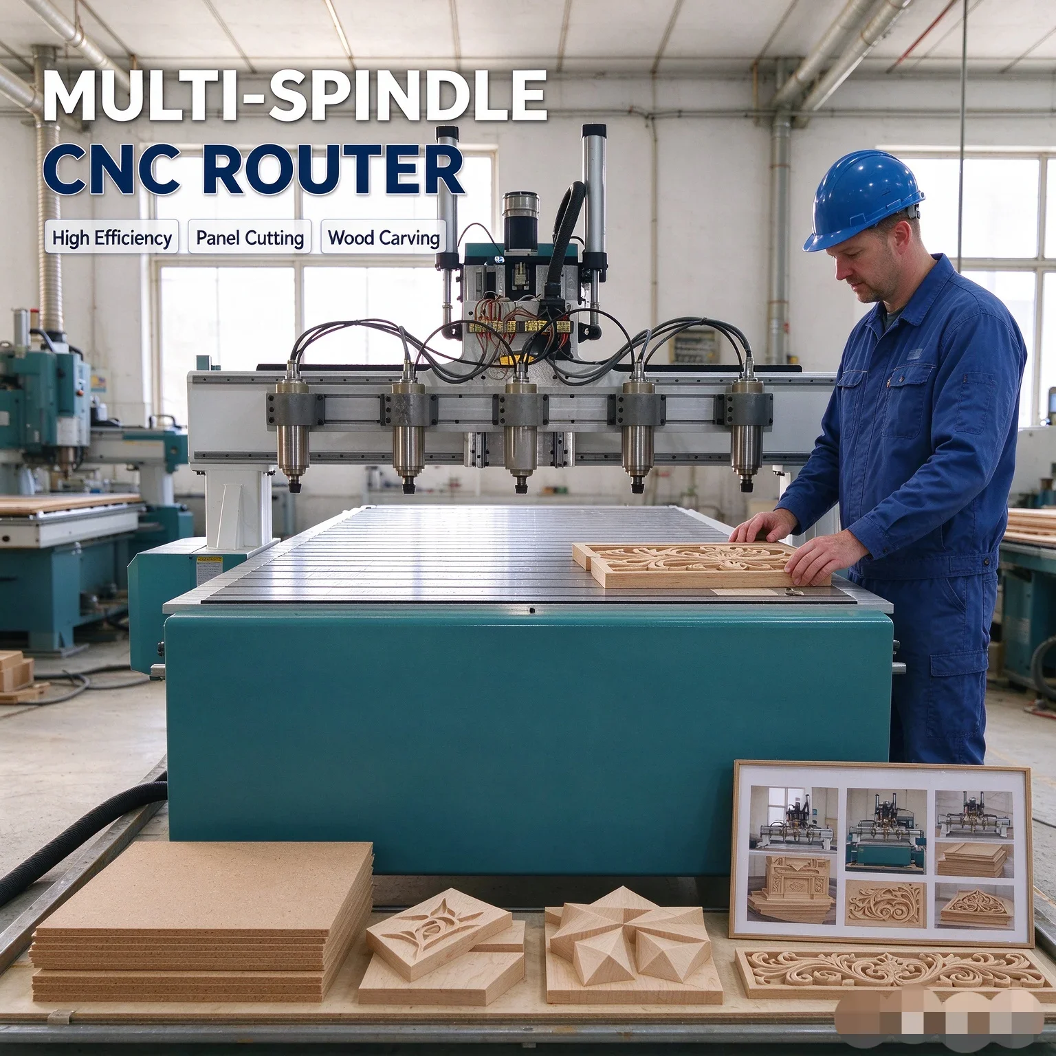 Pneumatic system with balance cylinder Air cooling spindle 1325/Single spindle 5 heads CNC wood milling cutter machine