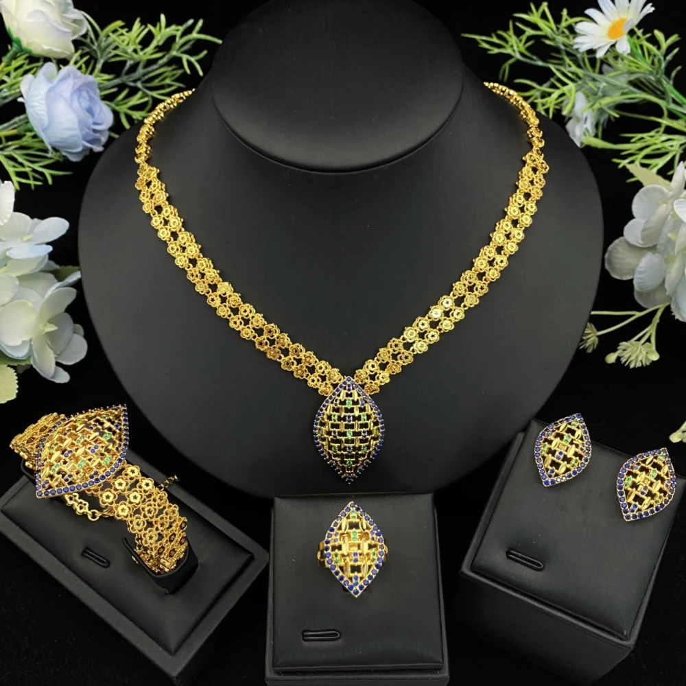 

JRH-Роскошный электрический комплект ювелирных изделий для женщин, позолоченный браслет с цирконием, кольцо, ожерелье, серьги, свадебный подарок для невест