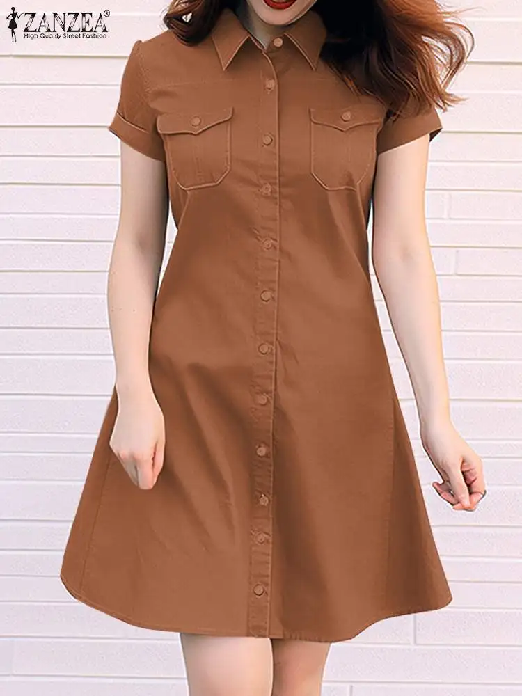 ZANZEA Turn-Down Collar Women A-line Vestidos Elegant Commute Short Sleeve Casual Robes Button Up Solid 2024 Summer Shirtdress