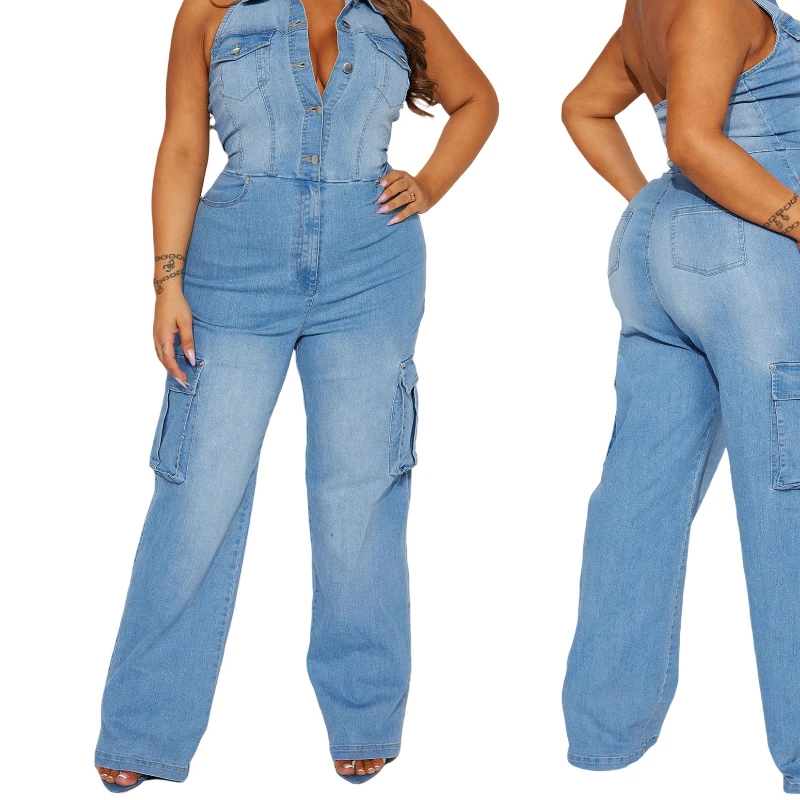 Jumpsuits Women One Piece Denim Turn Down Collar Sleeveless Overalls Slim Fit Wide Leg Long Pants Casual Splice Backless Rompers