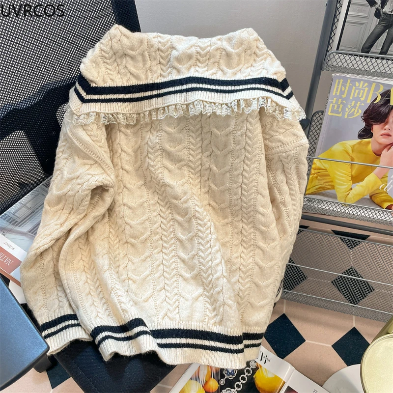 Autumn Winter Preppy Style JK Knitted Sweaters Women Sweet Lace Sailor Collar Bow Pullovers Retro Y2k Thickened Warm Jumper Coat