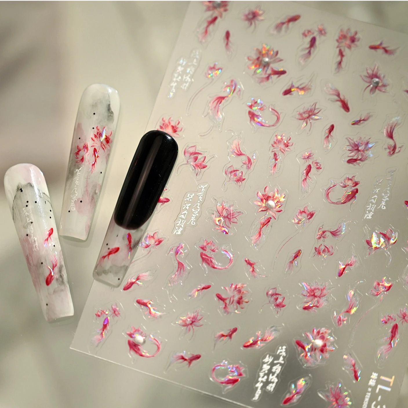 Pesce rosso in stile cinese Koi carpa broccata fiore classico bolle d'acqua caratteri antichi adesivi per nail art fai da te decalcomanie per manicure