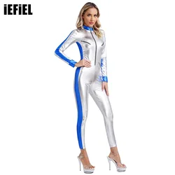 Womens Galaxy Astronaut Costumes Outfit Front Zip Unitard Jumpsuit Metallic Shiny Spaceman Rompers Catsuit for Halloween Cosplay