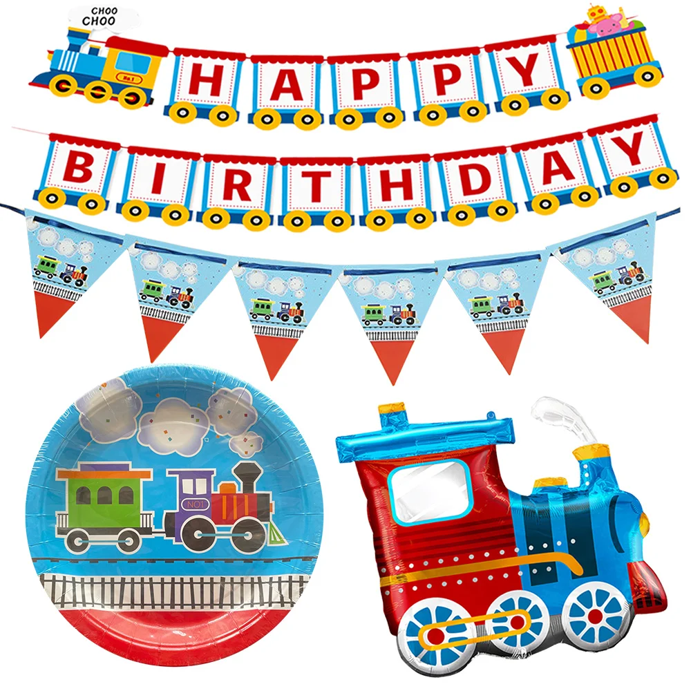 Train Birthday Decorations Choo Choo Train Happy Birthday Banner Tableware Balloons Transportation Party Two Two Party Supplies