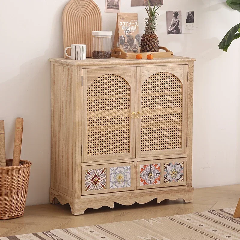 

For Nordic Rattan Woven Bedside Table Multilayer Filing Cabinet Thickened Plate Storage Cabinet for Bedroom