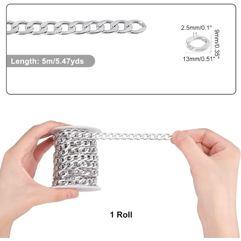 5m 1 Roll Aluminium Curb Chains Smooth Surface Charm Twisted Link Chains with Spool Silver Color Chains for DIY Necklace