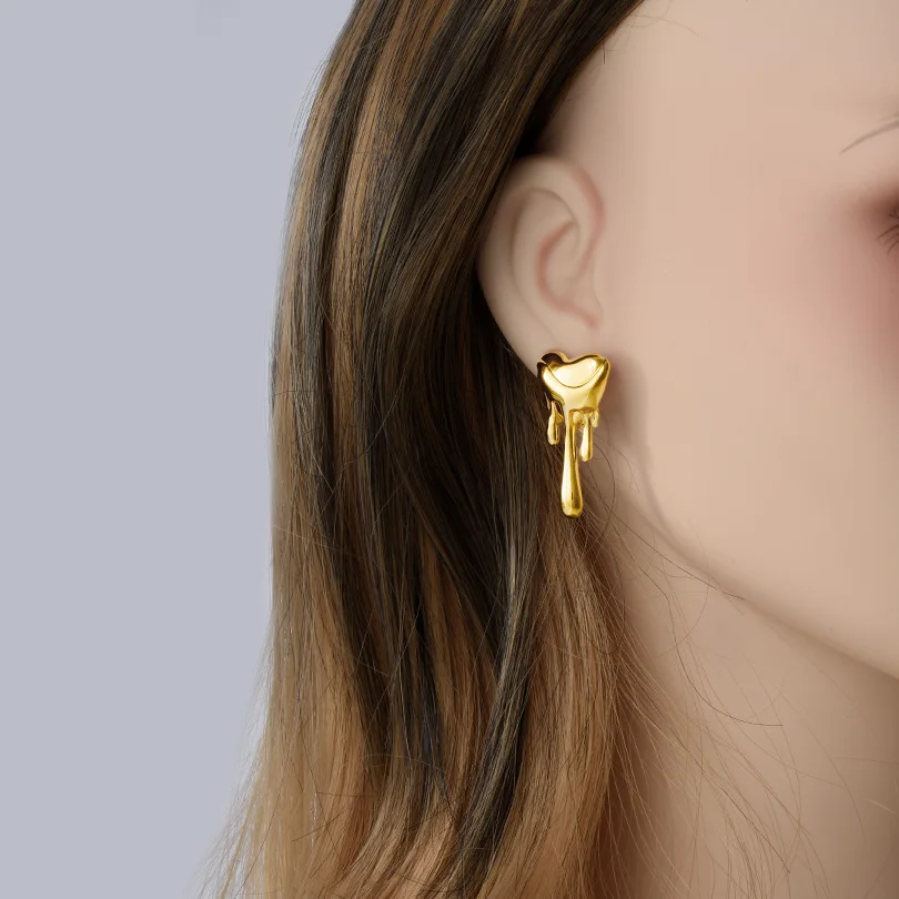 Flowing Liquid Stainless Steel Heart Ear Studs For Women Men Accessories Waterproof Real  Gold Plated Fashion Earrings Jewelry