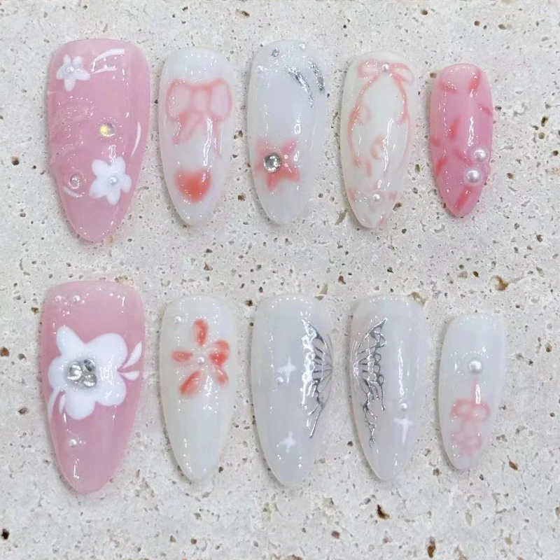 10Pcs Colorful Halo Gradient Almond Press on Fake Nails Wearable Hand Painted Butterfly Flowers Acrylic Full Cover Nail Tips Art