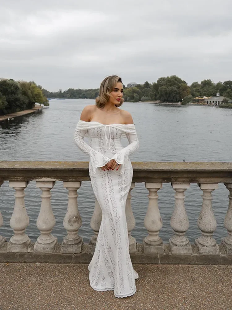 Elegant One Shoulder Lace Up Hollow Women\'s Dress Slim Fit See-through Long Sleeved Backless Robe 2024 Summer Lady Evening Gowns