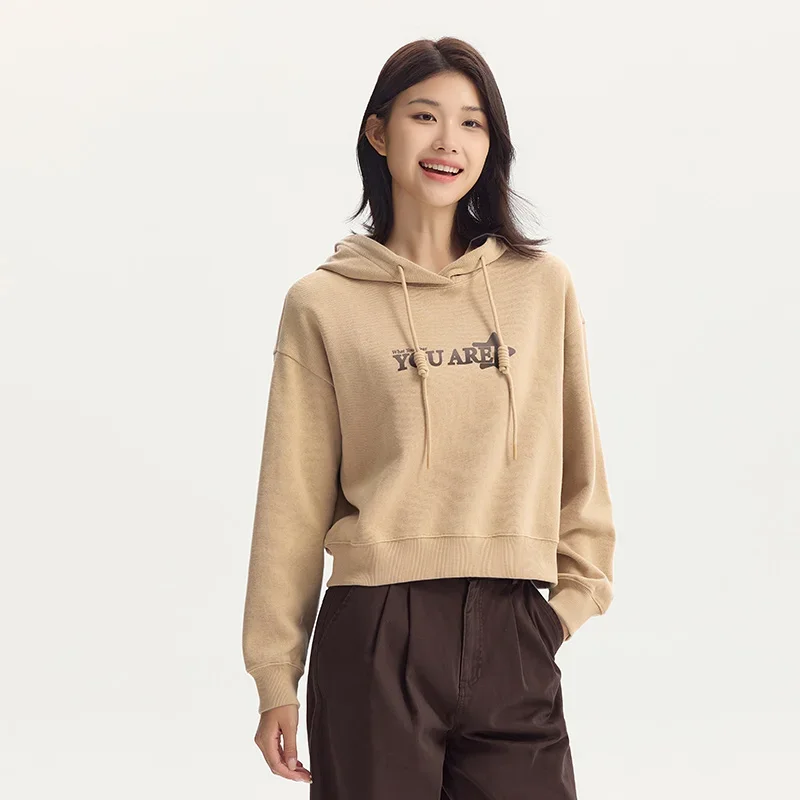 Semir Sweatshirt Women Letter Drop Shoulder Top Lazy Loose Women's Autumn Retro Hooded Printed Trendy Base Shirt