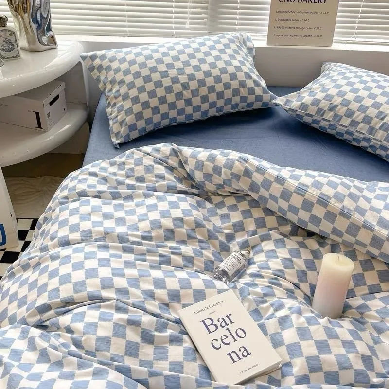 

Ins Blue Chessboard Bedding Set Fashion Lattice Duvet Cover Twin Full Queen King Size Bed Flat Sheet Pillowcase Girls Women