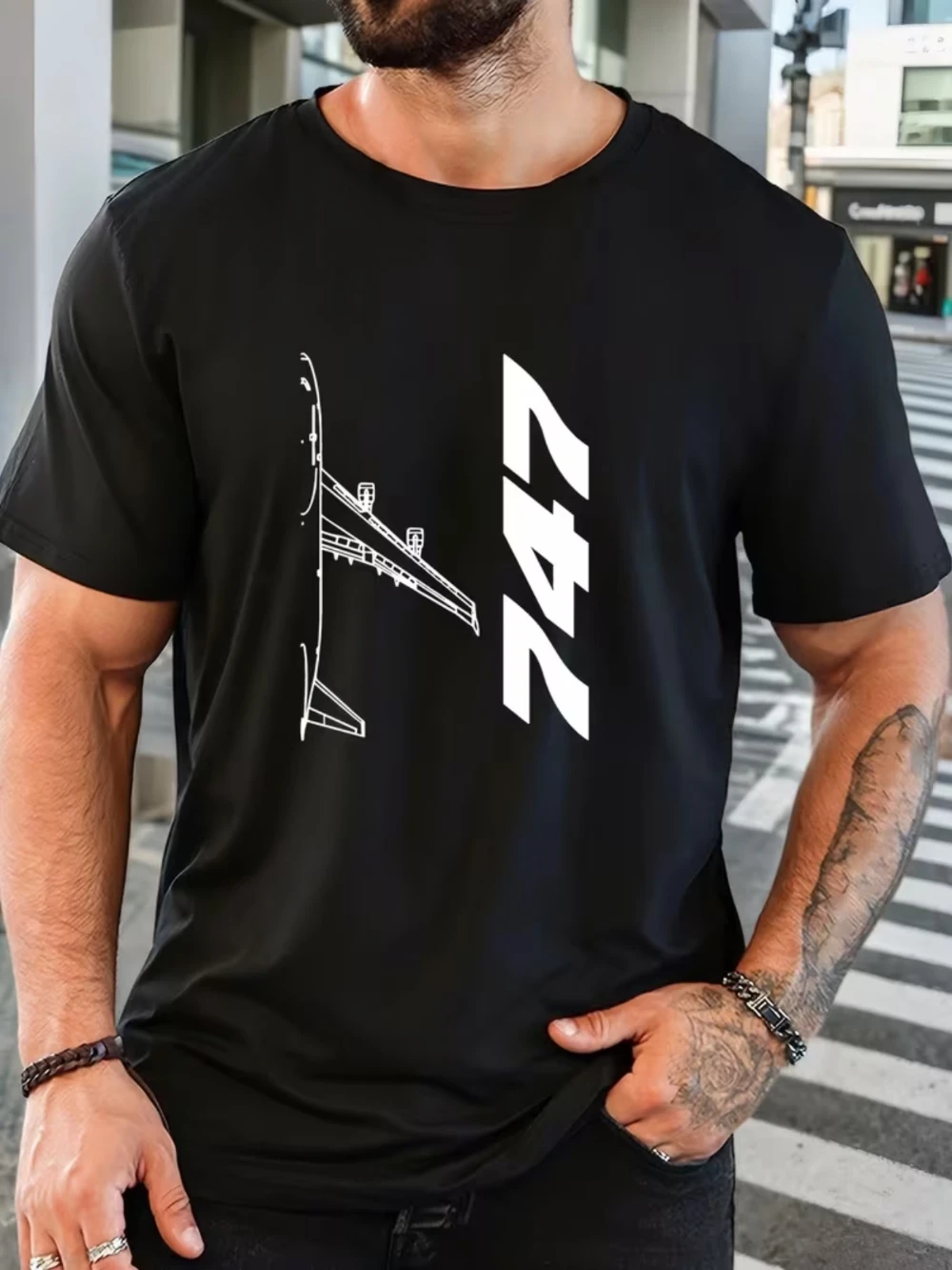 Men's 747 Airplane Print T-Shirt Aviation Themed Short Sleeve Round Neck Tee Suitable for Summer Men's T-shirts for Summer