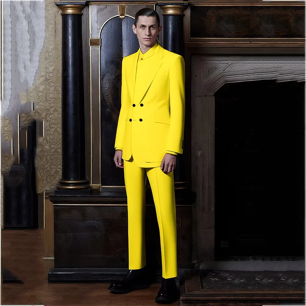 Elegant Double Breasted Men Suit Two Pieces Jacket Pants Lapel High Quality Outfits Chic Casual Party Prom Wedding Tailored Set