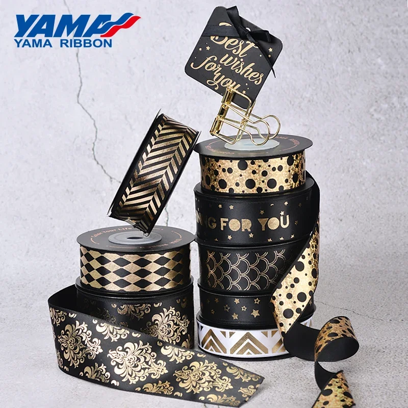 YAMA Gold Foil Printed Black Ribbon, Lover Gifts Box, Noble Satin Ribbons para Gift Packaging Decoração, DIY Craft, 12 jardas/rolo