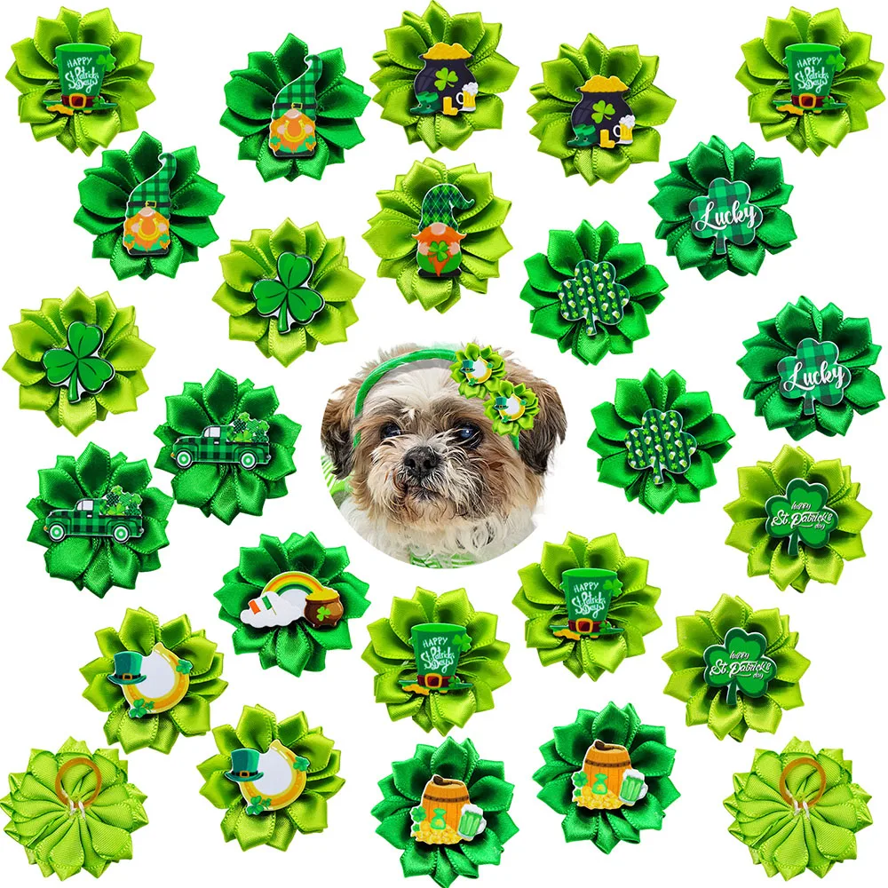 50PCS Dog Hair Bows For St. Patrick's Day Item Green Flower Bows Small Dogs Cats Pet Dog Grooming Bowknot Pet Hair Accessories