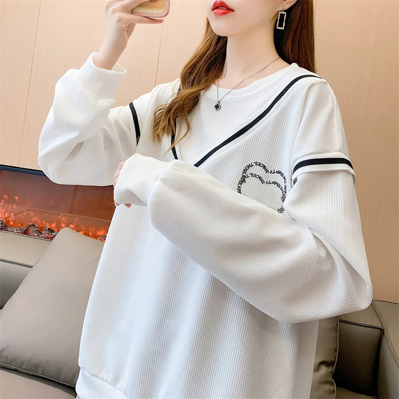 Spring Autumn Women's Round Neck Solid Patchwork Pullover Geometric Lantern Long Sleeve T-shirt Fashion Office Lady Casual Tops