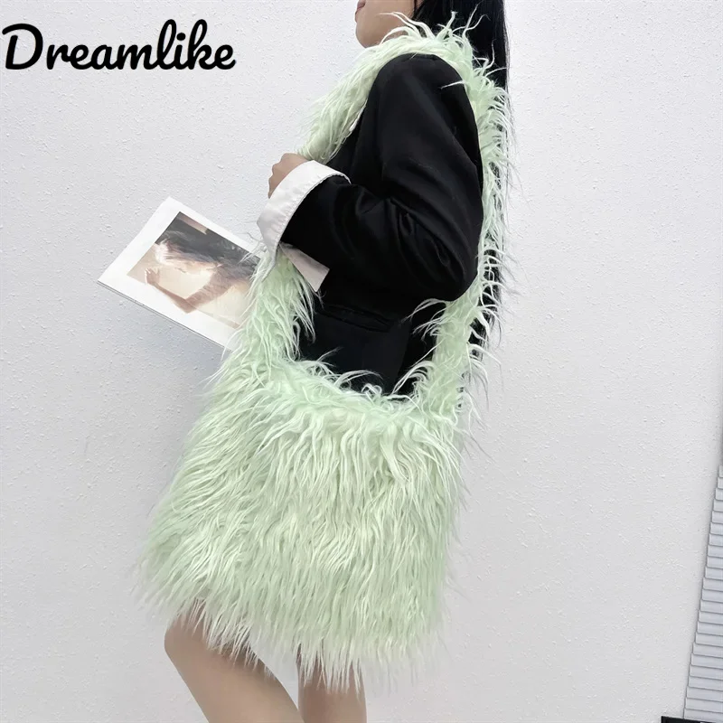 

Soft Plush Hobos Shoulder Bags Winter Furry Ladies Clutch Purse Handbag Fashion Female Underarm Bag Large Capacity Women's Bags