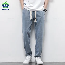 Men's Jeans Cotton Soft Drawstring Straight Pants Elastic Waist Vintage Blue Korea Casual Trousers Male Plus Size S-5XL