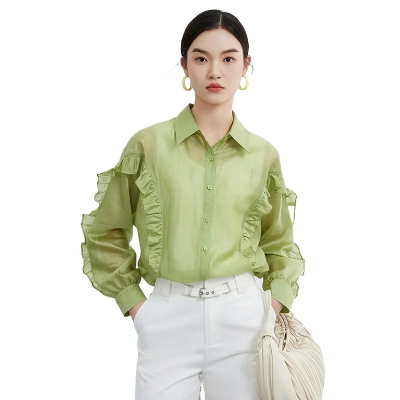 

2024 Women's Spring Summer Lyocell Shirts Office Lady Fashionable Solid Color Blouse Lady Long Sleeve Shirts Ruffles Loose Tops