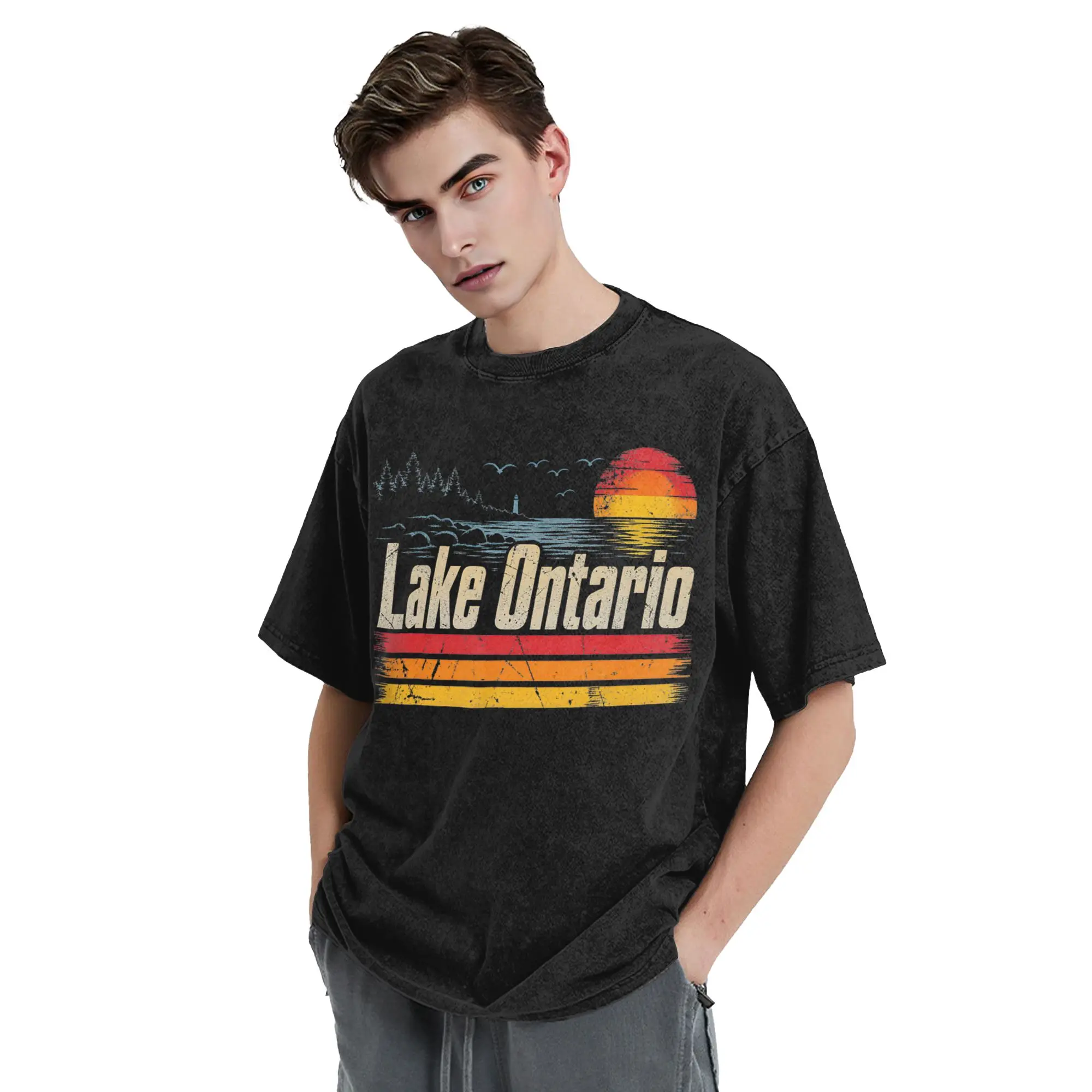 Retro Sunset Great Lakes Lake Ontario T Shirt Washed Oversize T-Shirt  Vintage Men Women Tops Streetwear Graphic Printed Tees