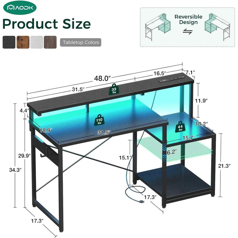 48 Carbon Fiber Gaming Desk with LED Lights, Power Outlet, Storage, and Monitor Shelf