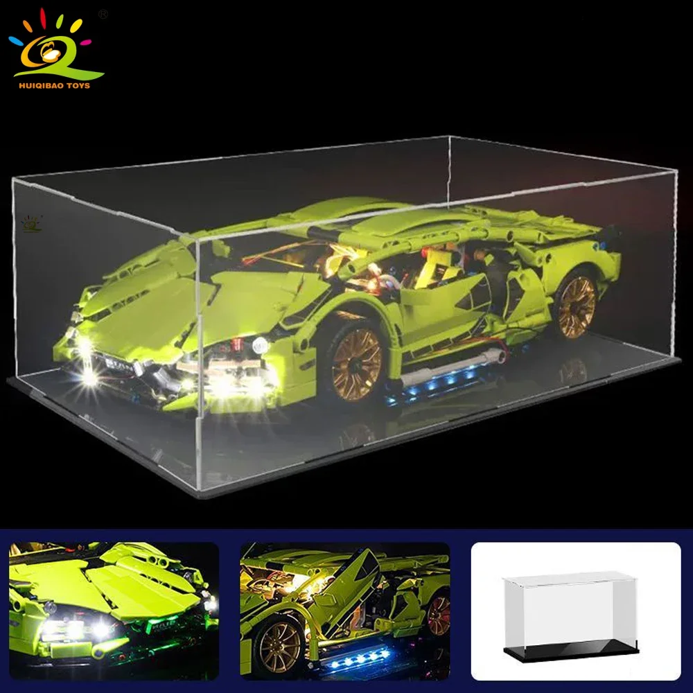 HUIQIBAO 1:14 Racing Car Technical Model Building Blocks MOC Led line Bricks Display box Children City Construction Toy Boy Game