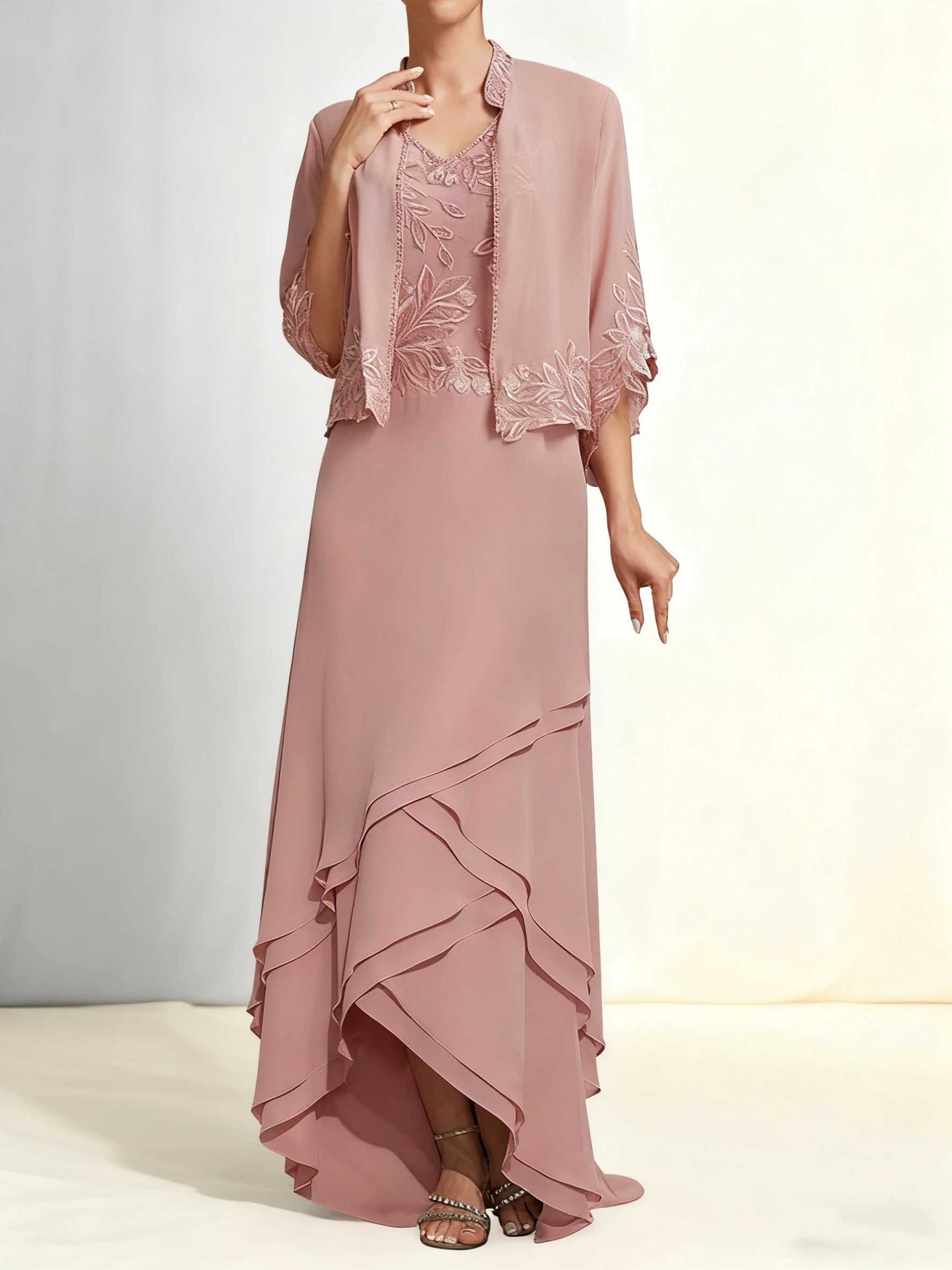 

2 Pieces Mother of The Bride Dresses with Jacket V Neck Lace Mother of The Groom Dresses