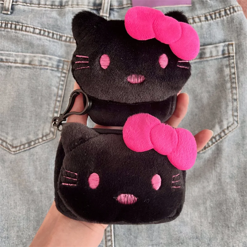

New Fashionable Black Cartoon Cat Plush Wallet Keychain Pendant Cute Girl Heart-Shaped Round Headphone Storage Bag