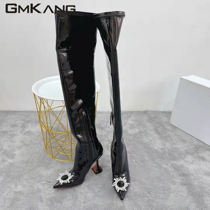 Rhinestone Flower Over The Knee Boots Women Cup Heel Black Stretch Boots Lady High Heels Thigh High Boots Woman Botas Mujer