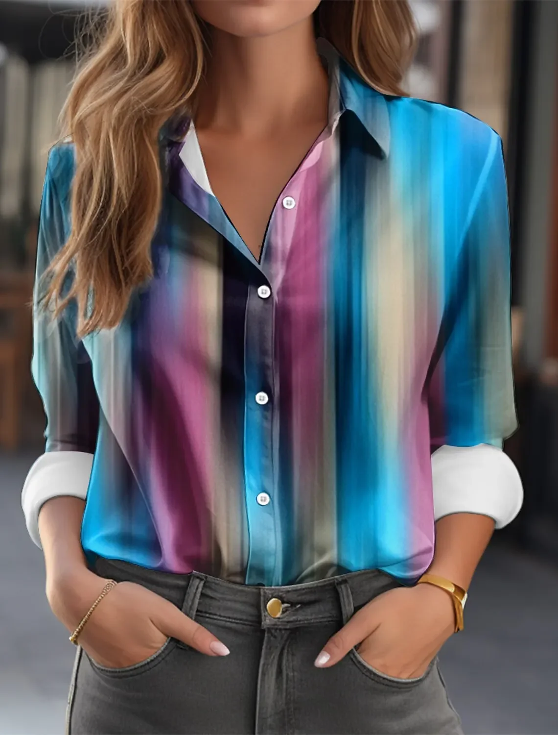 Camisa con solapa abotonada para mujer de alto temperamento preferida, camisa informal de manga larga para oficina para mujer, camisetas holgadas Ol con grafiti artístico