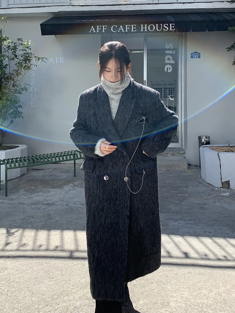 Długi płaszcz wełniany dla kobiet, ocieplany, zimowy, elegancki, w stylu Hepburn, wysoka moda, efektowny, czerwony, gwiazda...