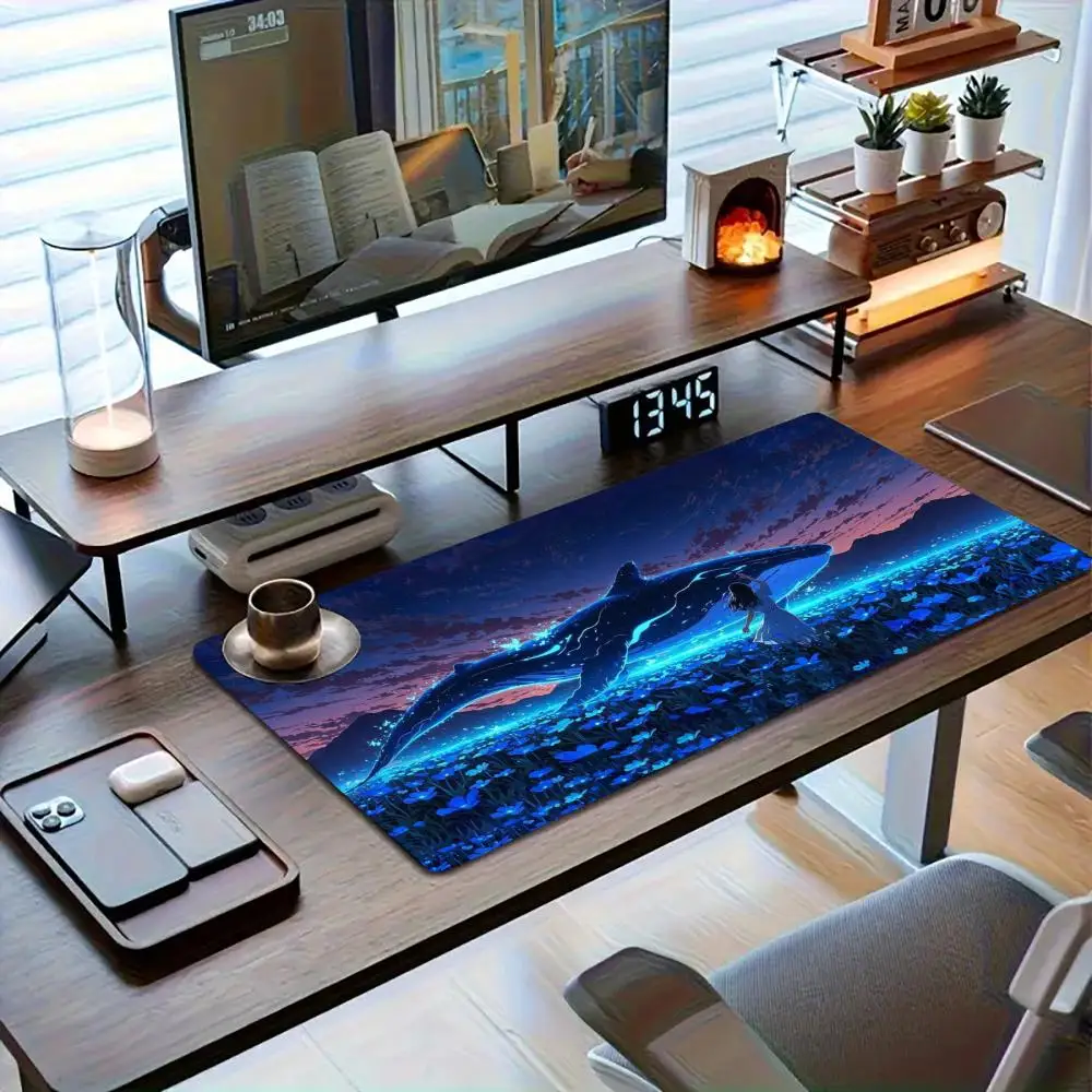 Tappetino per mouse Fantasy Neon Whale & Girl, tappetino da scrivania con fiori blu incantati per gli appassionati di anime