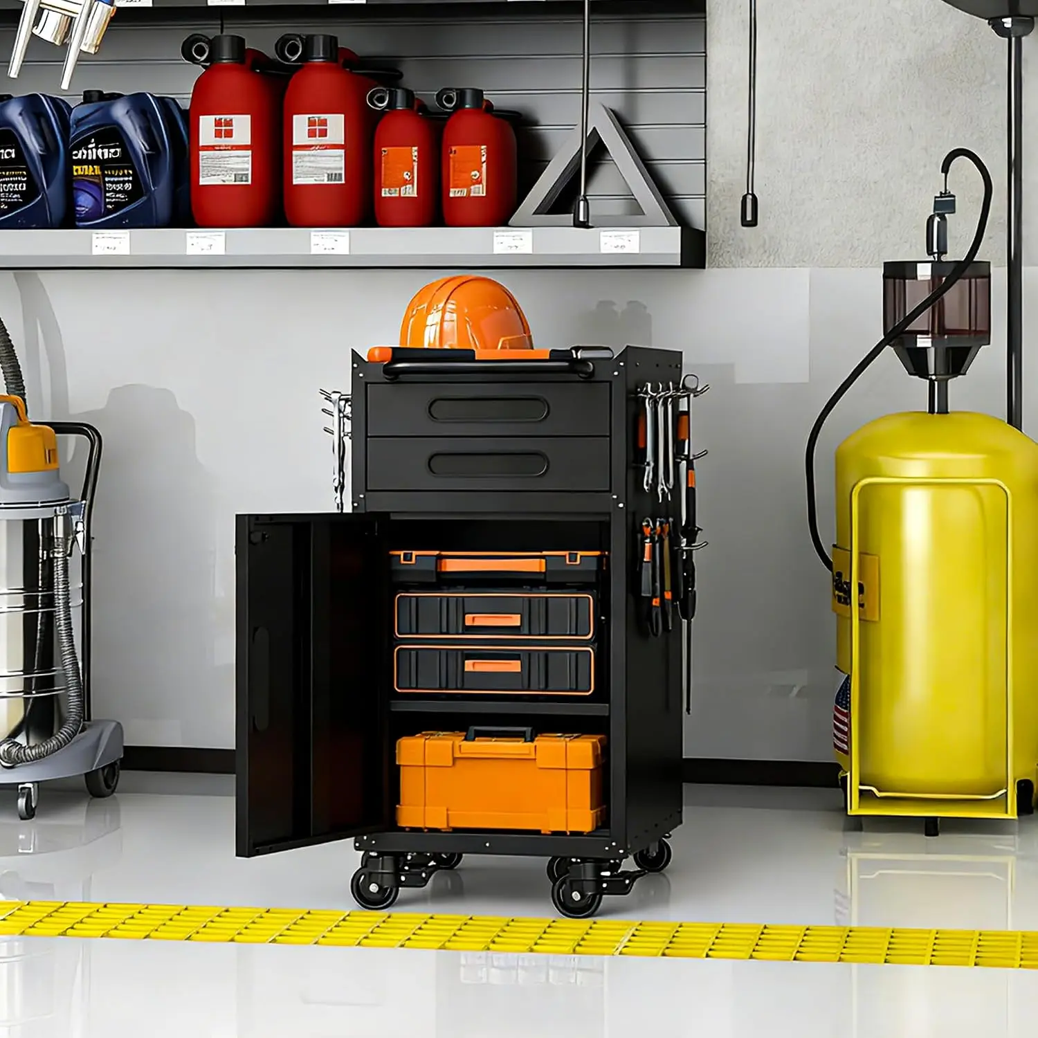 Metal Garage Cabinet Wheeled Rolling 2 Drawers Lockable Door Countertop Pegboard Assembly Black, Customized