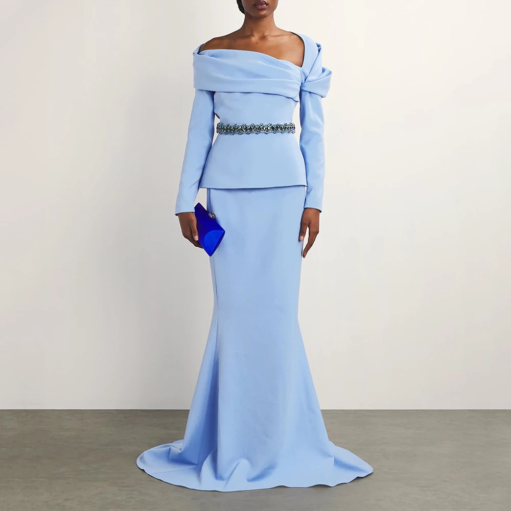 

Modern Women's Evening Dress 2 Pieces Off the Shoulder Mermaid Evening Gowns Long Sleeve Crystal Belt Trumpet Wedding Guest Gown