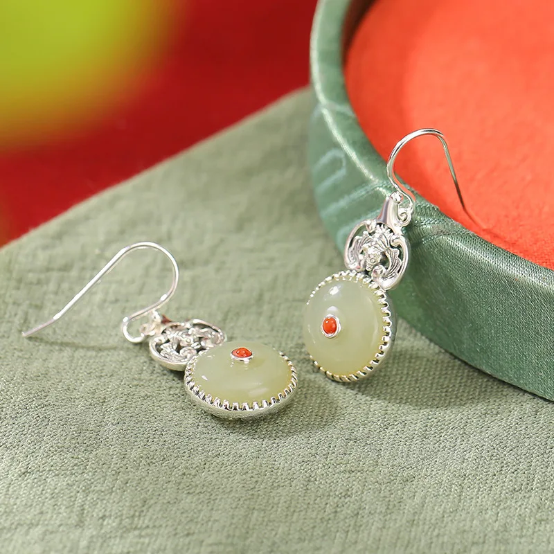 S925 South Red Hetian Jade New Style Blessings Before Eyes Peace Pendant Earrings With Silver Ear Hooks