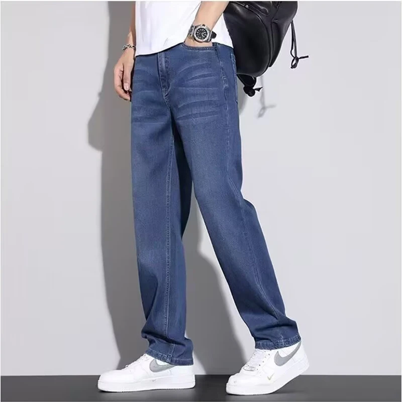 

Men Summer New Loose Casual Ice Silk Breathable Wide Leg Jeans Fashion Male Business Daily Straight Leg Versatile Denim Trousers