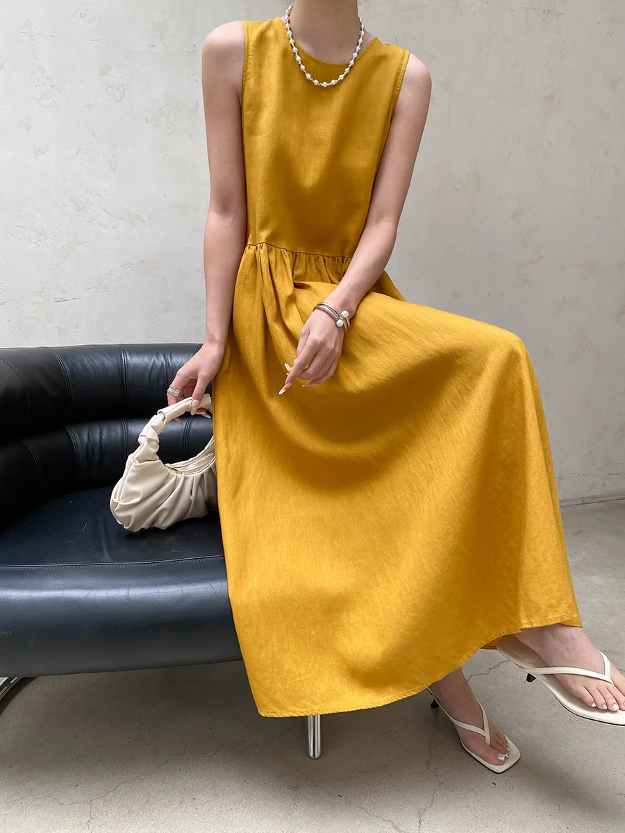 Sommerliches, lässiges, einfarbiges, ärmelloses Patchwork-Kleid mit Rundhalsausschnitt für Damen – Detail 20