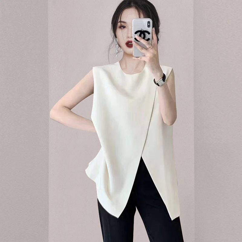 Elegant Fashion Summer White Cross Split Tops 2024 New High Quality Women O Neck Sleeveless Tank Loose Office Ladies T-Shirt