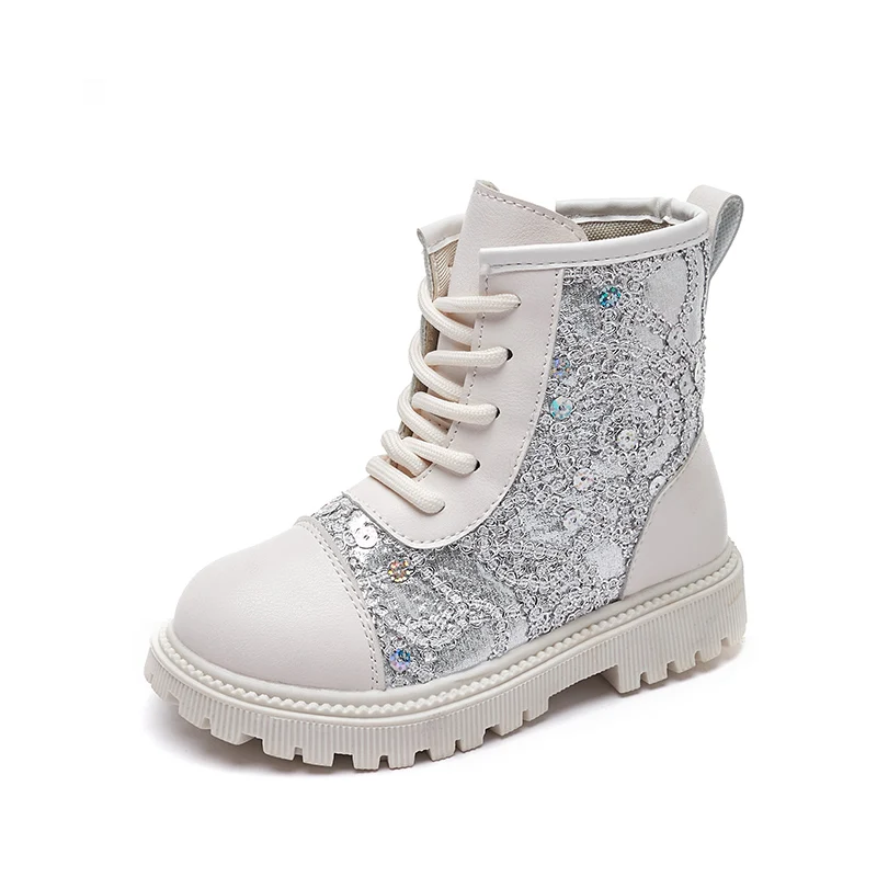 Girl's Sequined Short Boots New Student's Winter Fashion Shoes Girl's Beige Boots Crystal Single Shoes Kid's Balck Riding