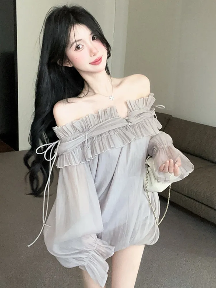 

Elegant Sweet Shoulder Bridesmaid Dress Women's Loose Fit Bubble Sleeve Short Skirt Spring Summer New Style French Style Poly...