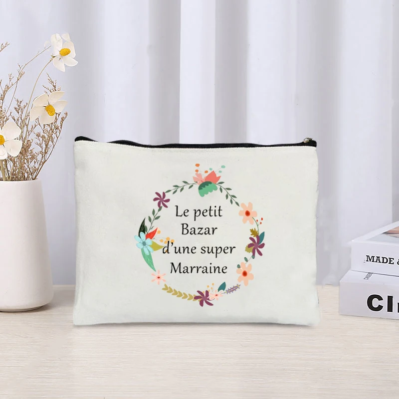 Wreath French Letter Printed Storage Cosmetic Bag Perfume Skin Care Products Sundries Makeup Bags Organizer Gift for Godmother