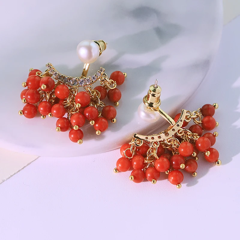 Two-Way Wear Red Sea Bamboo Coral Natural Pearl Earrings Handmade Design High-Quality Earrings Gift for Wife Banquet GE1527C