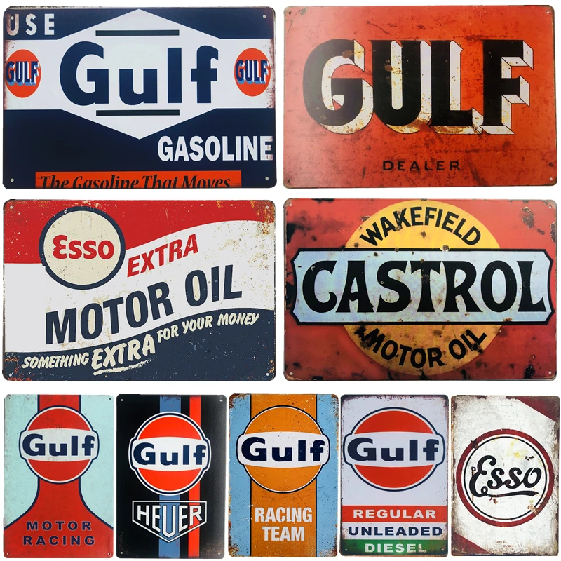 

Vintage Retro Metal Tin signs Garage Esso Castrol Gulf Motor Oil Plate Art Poster For Gas Station Garage Pub Bar Wall Decor Pla